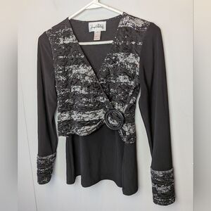 JOSEPH RIBKOFF women Long Sleeve Festive Top Size 6 Made In Canada Glitter Black